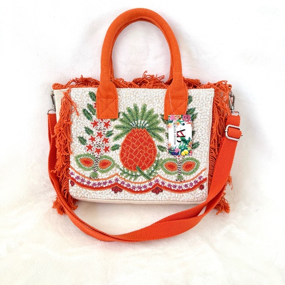 Viral Beaded Cream & Orange Pineapple Tote Bag w/ Fringe - Picture 3 of 11